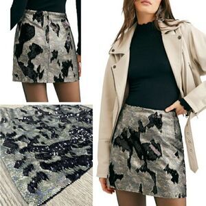 Free People Green & Black Camo Skinny Sequin Army Mini Skirt Size 4